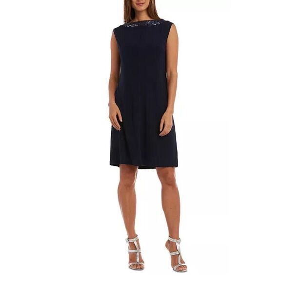 R & M Richards Womens 10P Embellished Navy Blue Dress with Matching Jacket - Picture 3 of 12